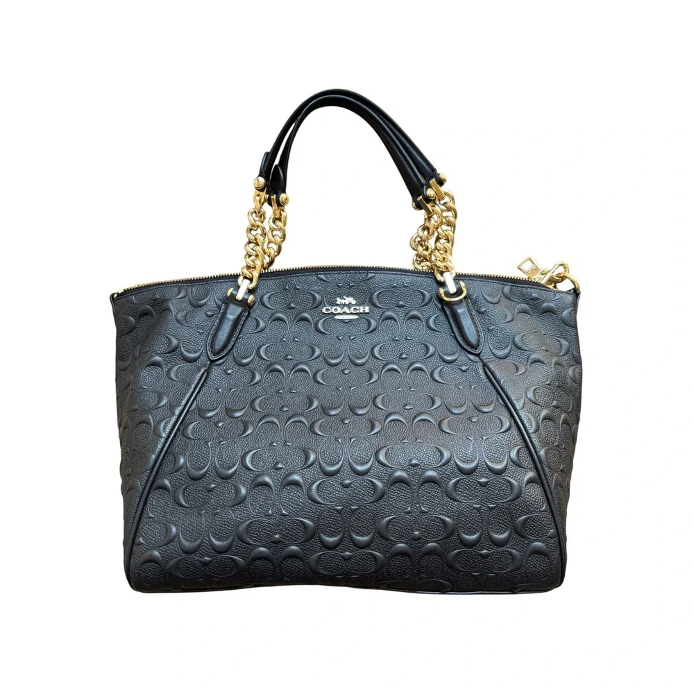 Coach Black Embossed Signature Leather Small Kelsey Satchel Gold Chain Detail - Picture 2 of 14